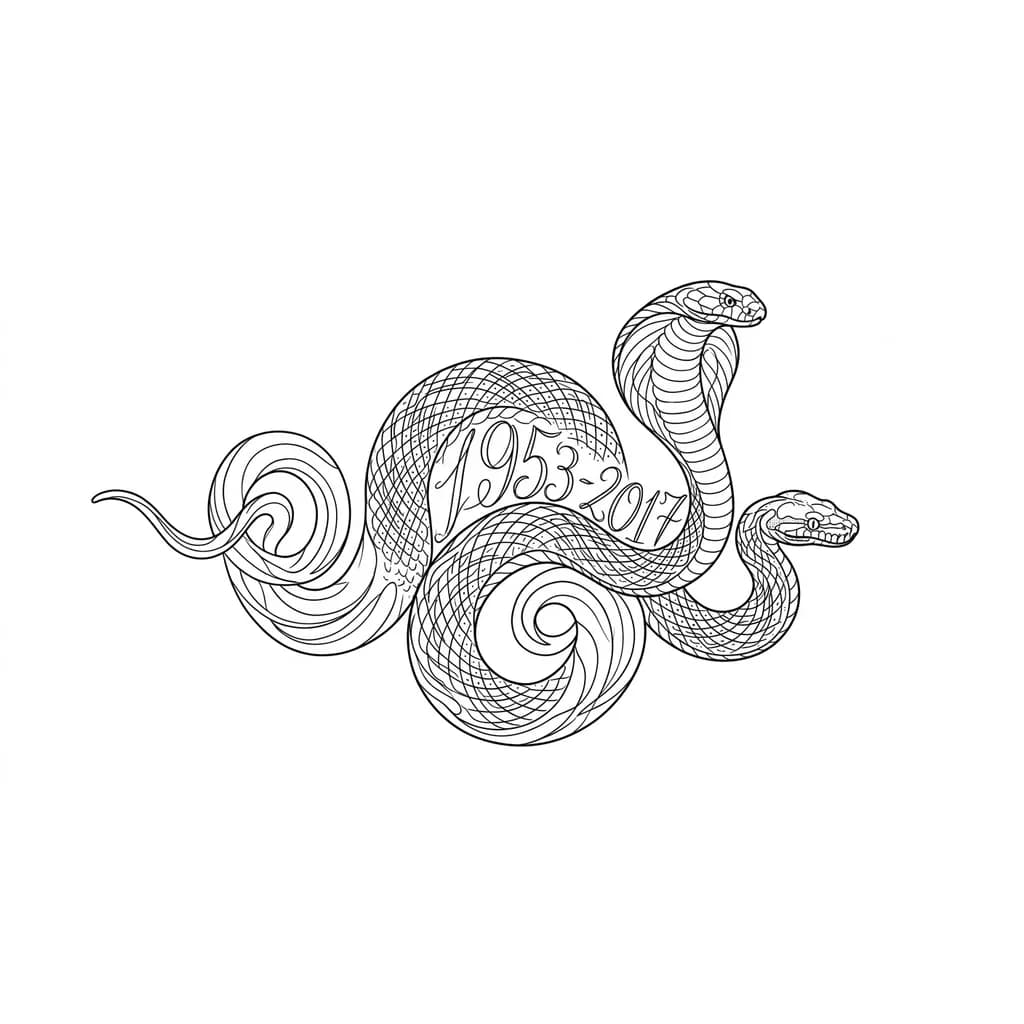  Змея нарисована очень реалистично (кобра или питон), а даты «1953-2017» искусно вплетены в узор ее шкуры или находятся прямо под головой, как будто высеченные на камне.