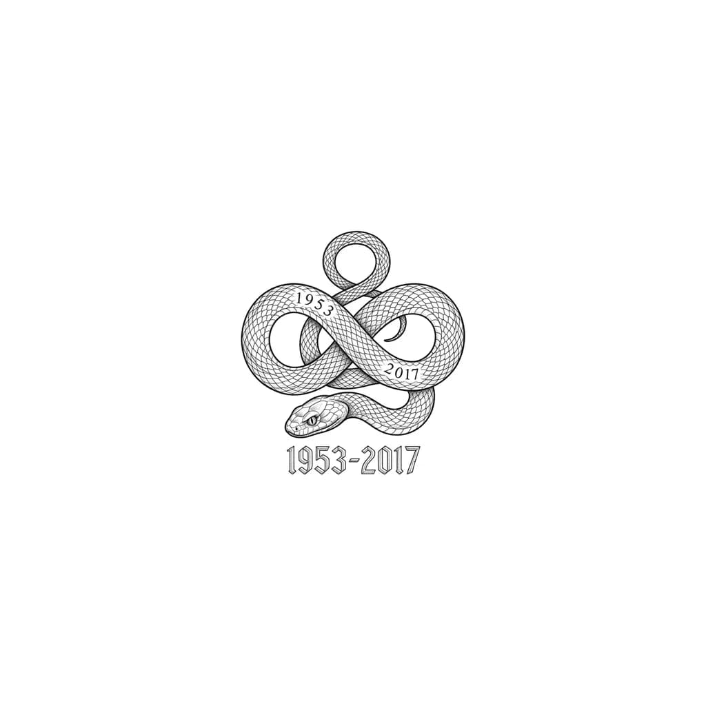  Змея нарисована очень реалистично (кобра или питон), а даты «1953-2017» искусно вплетены в узор ее шкуры или находятся прямо под головой, как будто высеченные на камне.