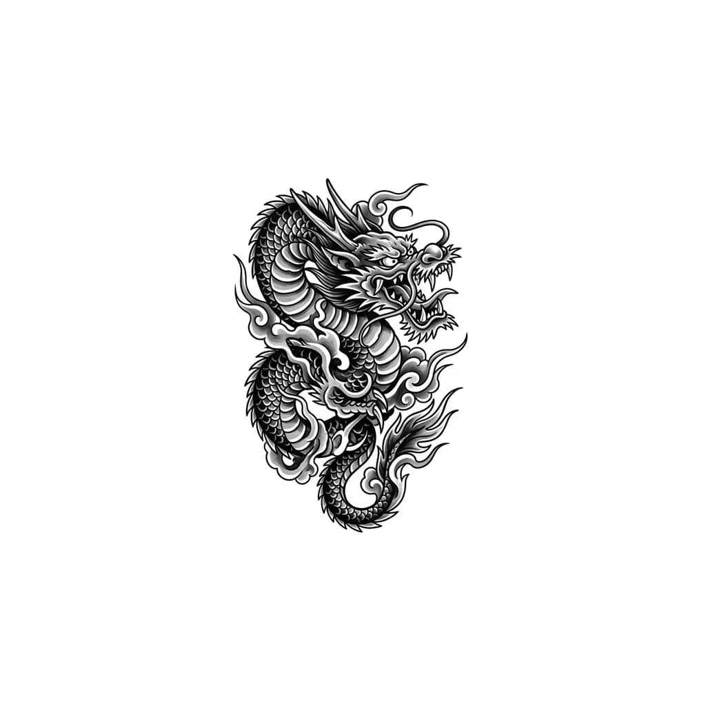 Realistic tattoo on male arm (shoulder to forearm), aggressive Japanese dragon (irezumi style), dragon head on shoulder with open mouth, sharp fangs, fierce expression, detailed scales, dynamic coiling body wrapping around bicep and tricep, strong black and grey shading, high contrast, smoke and wind elements, dramatic lighting, natural skin texture, slightly red irritated skin, ultra realistic, tattoo integrated with muscles
