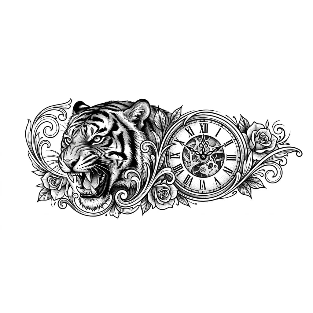 Тату эскиз: Оскал тигра с часами