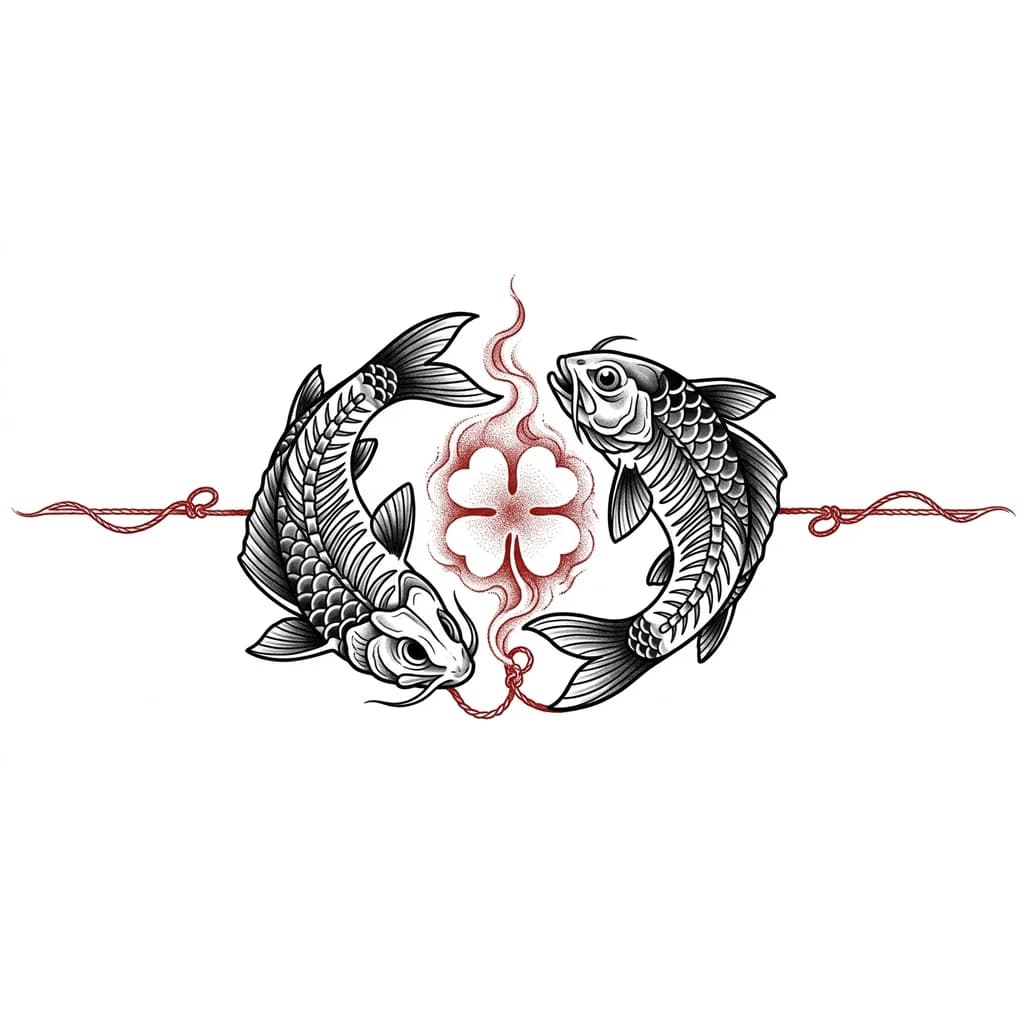 Тату эскиз: Две рыбы на половину видно их скелет, кржатся по кругу, в центре круга красная дымка собирается в силуэт четырехлистного клевера, вверх и вниз дым уплотняется в красную нить