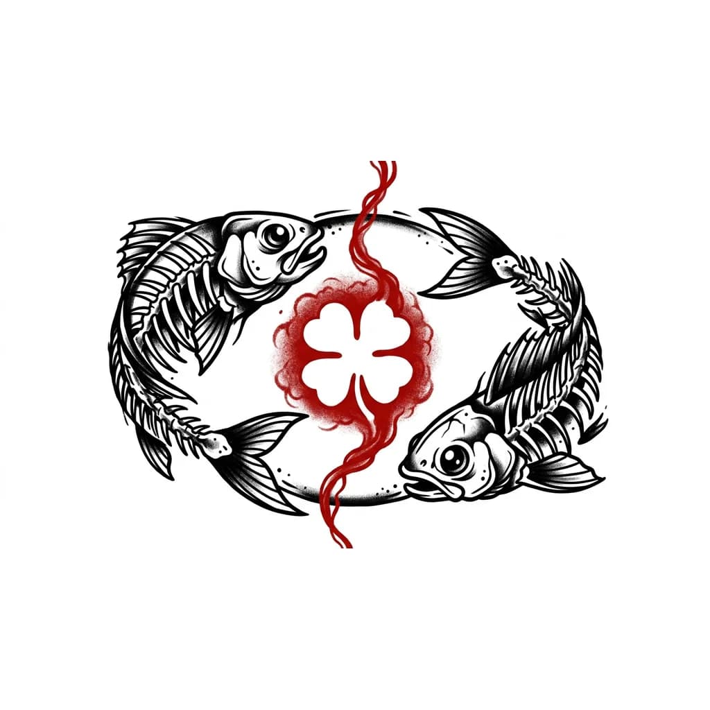 Тату эскиз: Две рыбы скелет, кржатся по кругу, в центре круга красная дымка собирается в силуэт четырехлистного клевера, вверх и вниз дым уплотняется в красную нить