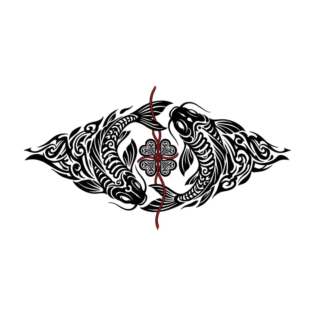 Тату эскиз: Два скелета рыб кои, кружатся по кругу, в центре круга красная нить проходит сверху вниз между рыбами и в центре сплетена в четырёхлистный клевер