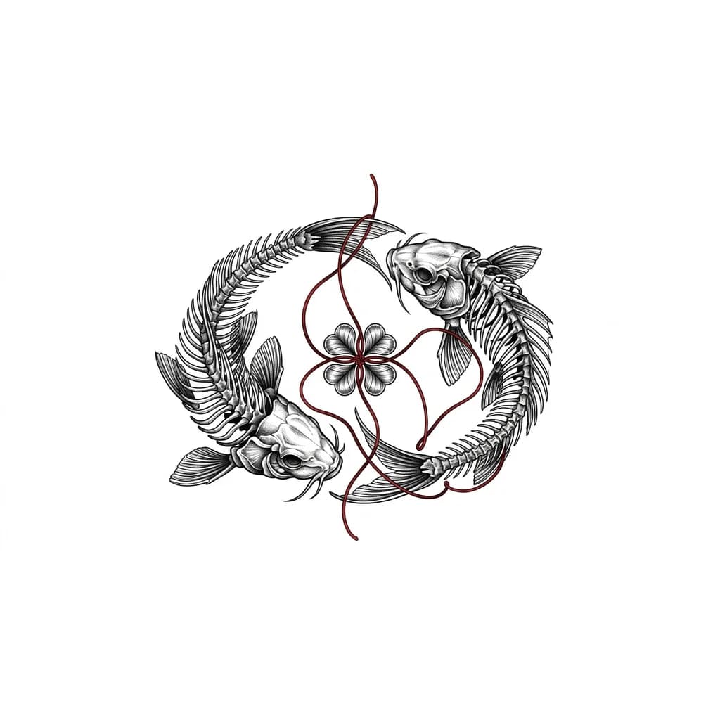 Тату эскиз: Два скелета рыб кои, кружатся по кругу, в центре круга красная нить проходит сверху вниз между рыбами и в центре сплетена в четырёхлистный клевер