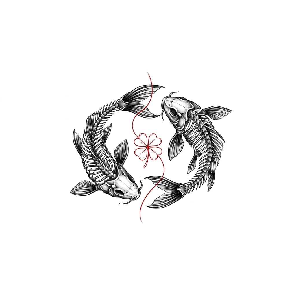 Тату эскиз: Два скелета рыб кои, кружатся по кругу, в центре круга красная нить проходит сверху вниз между рыбами и в центре сплетена в четырёхлистный клевер