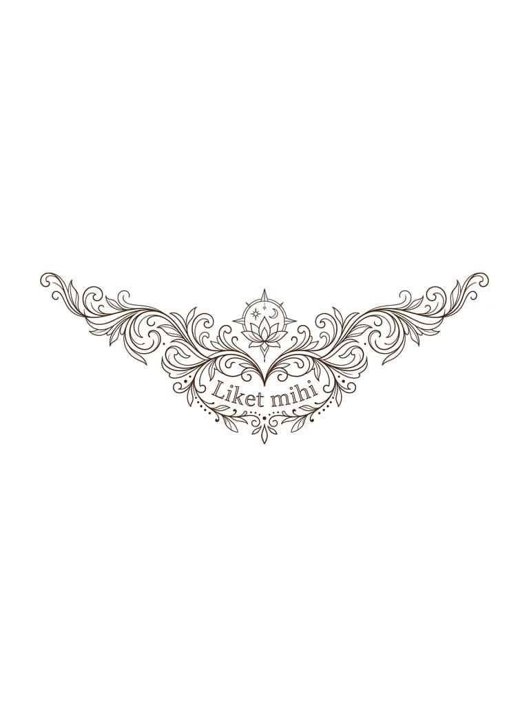 Тату эскиз: Очень тонкие, нежные линии, коричневый цвет. Тату на запястье для девушки. Фраза на латыни "liket mihi" и символ благодарности вселенной. Стиль графика.