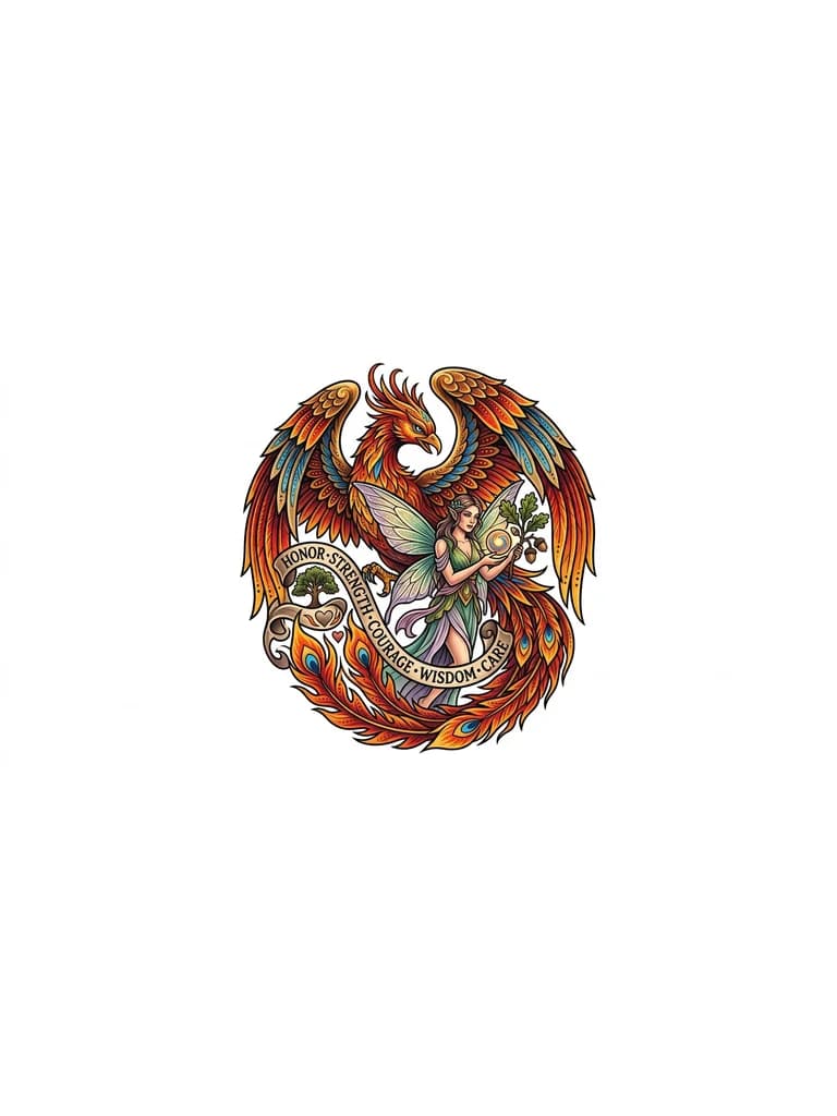 Тату эскиз: Феникс,фея мудрость забота о бывшей любимой жене, честь, сила, мужество 