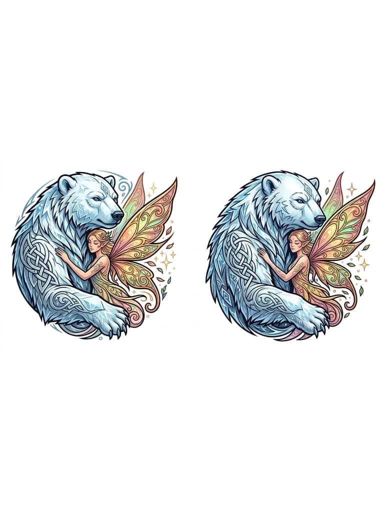 Тату эскиз:  Белый медведь, сияние, фея, суровость севера, холодный расчет, теплота заботы и любви
