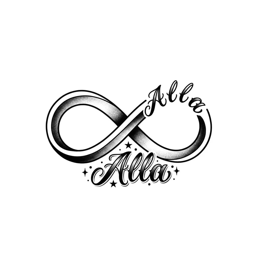 Тату эскиз: фигура знака бесконечности, которая вверху справа размыкается и в продолжении контура рассыпаются буквы A l l a