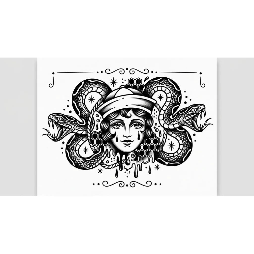 Тату эскиз: маска хани со змеями, эскиз подходящий к расположению на спине 