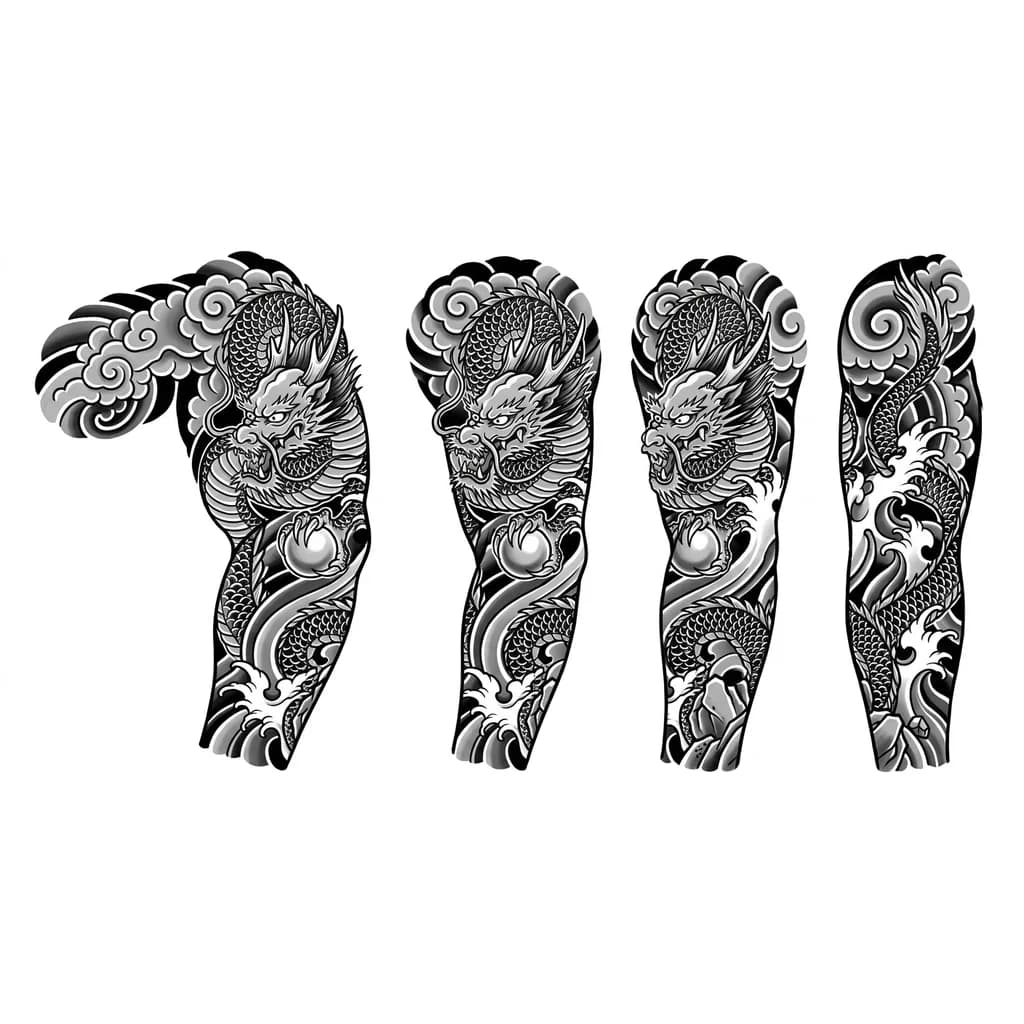 Тату эскиз: Композиция: величественный дракон обвивает руку/спину, переплетаясь с динамичными волнами и клубящимися облаками. В лапах — жемчужина мудрости.

Символика:

дракон — мудрость, сила, покровительство и контроль над стихиями;

жемчужина — символ знания и просветления;

волны — поток жизни, преодоление препятствий;

облака — связь с духовным миром.

Стиль: насыщенный цвет с акцентом на чёрный контур, плавные переходы теней.