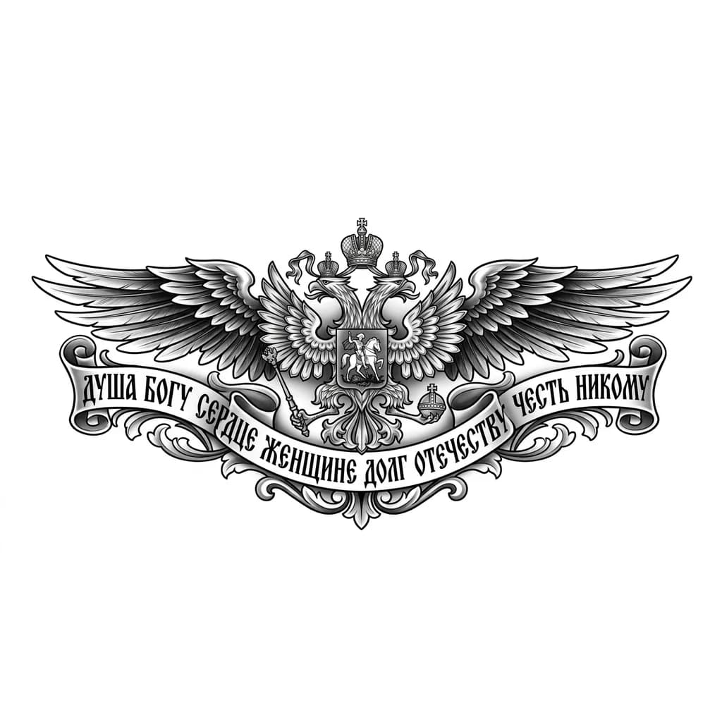 Тату эскиз: Создай макет для тату с таким текстом душа богу сердце женщине долг отечеству честь никому сделай надпись в имперском стиле добавь герб императорский