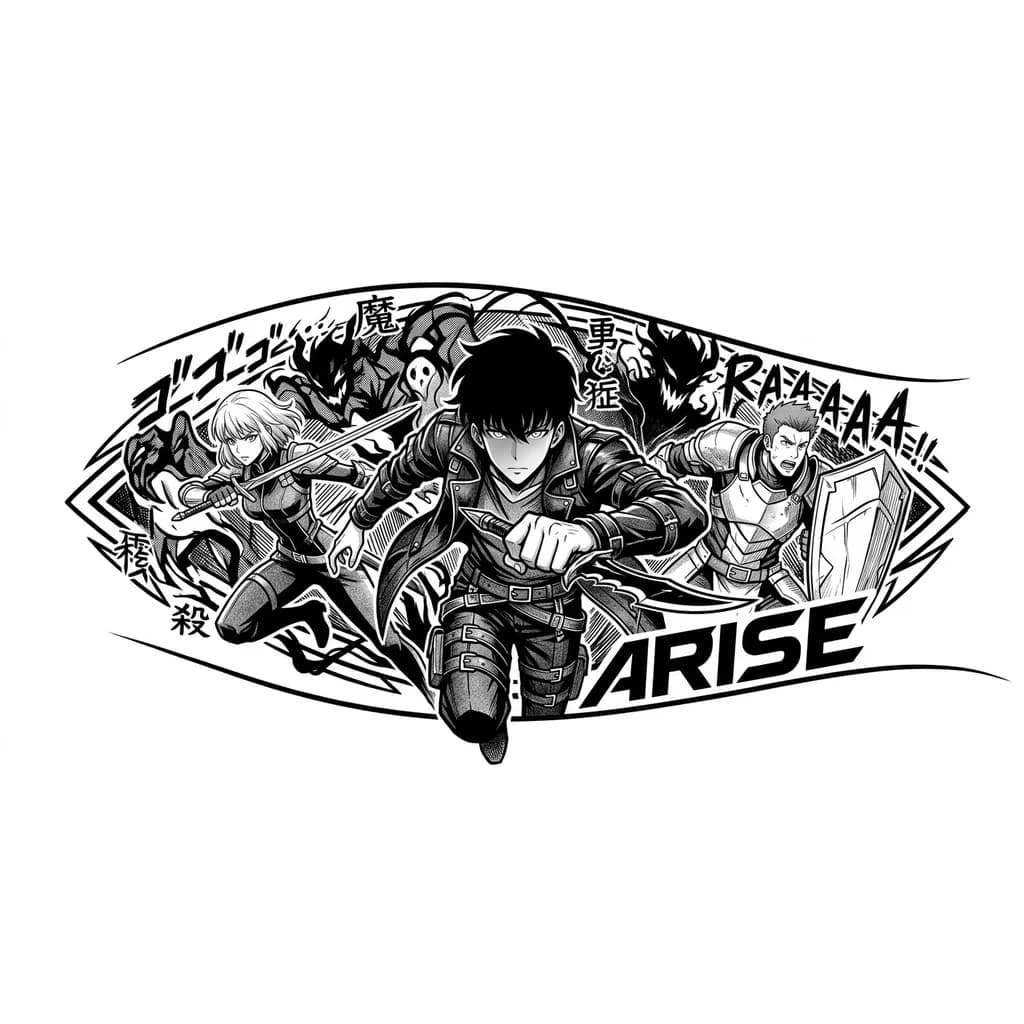 Тату эскиз: Чб эскиз по аниме поднятие уровня в одиночку на икру, надпись на задний фон, тени, детализация, главный персонаж и 2 второстепенные