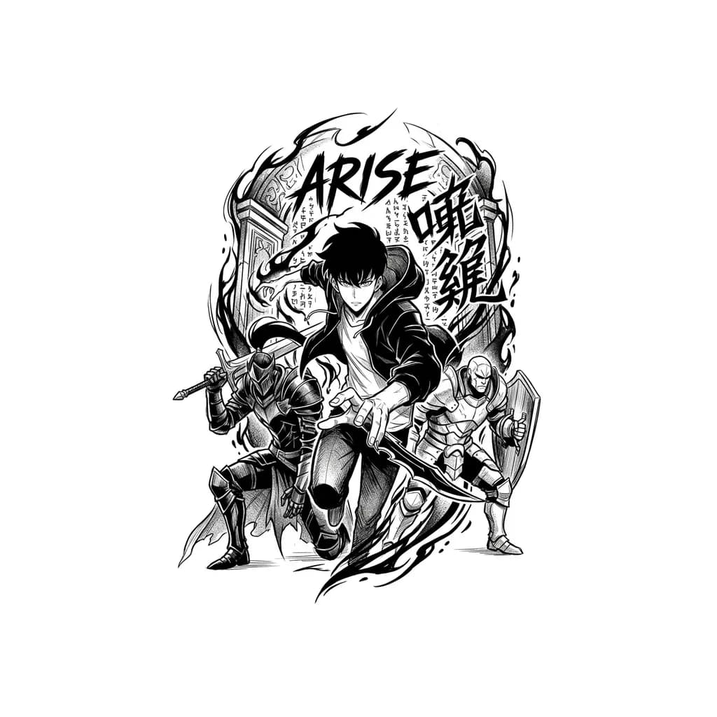 Тату эскиз: Чб эскиз по аниме поднятие уровня в одиночку на икру, надпись на задний фон, тени, детализация, главный персонаж и 2 второстепенные его подчинённые, вертикально