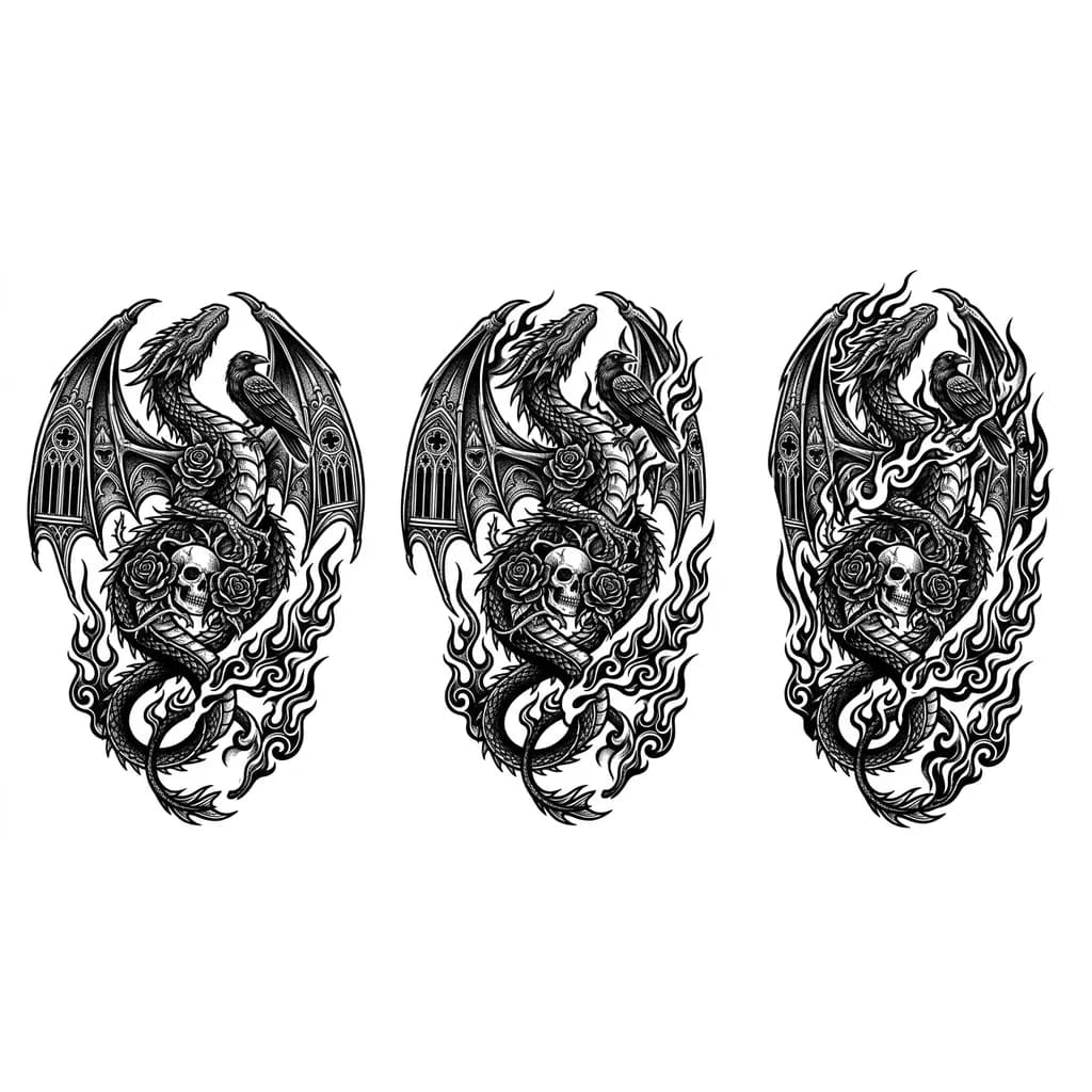 Тату эскиз: Татуировка на плечо, в виде дракона со спины, который карабкается вверх с расправленными крыльями, в стиле графика, в черно-белых тонах, с полосой огня вокруг дракона 