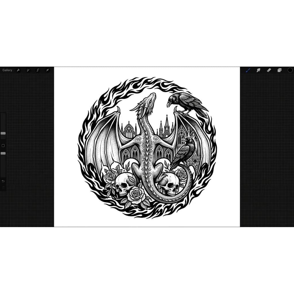 Тату эскиз: Татуировка на плечо, в виде дракона спиной к смотрящему , который карабкается вверх с расправленными крыльями, в стиле графика, в черно-белых тонах, с полосой огня вокруг дракона 