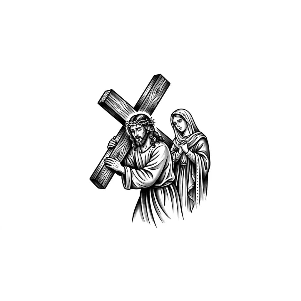 Тату эскиз: Иисус Христос с девой Марией, Иисус несет крест