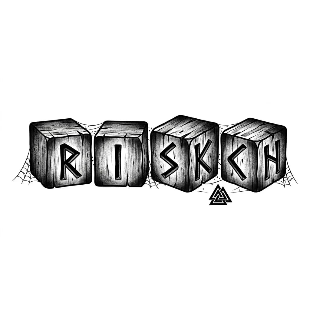 Тату эскиз: *Четыре кубика, выложенные в ряд, скандинавский / викингский стиль, мрачная атмосфера. На первом кубике буква «R», на втором «I», на третьем «S», на четвёртом «K». Третий и четвёртый кубики слегка повёрнуты, видны соседние грани с буквами «C» (на третьем кубике) и «H» (на четвёртом). Кубики из тёмного состаренного дерева или кости, буквы выполнены как чёрные рунические резные символы. На столе: разбросанная паутина, тонкие пыльные нити, касающиеся кубиков. Небольшая скандинавская эмблема