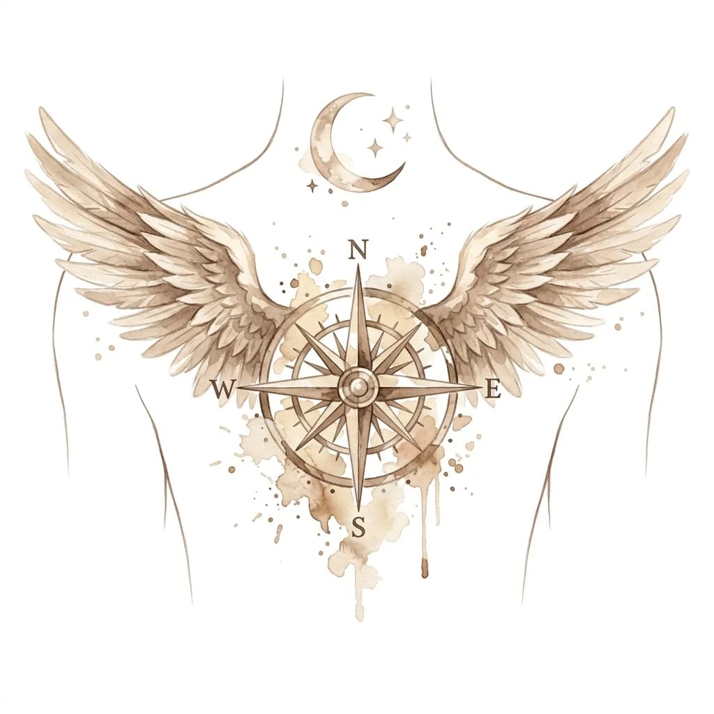 Тату эскиз: На плечах крылья ангела, посередине роза ветров, а на шеи луна, все это в бежево- коричневых тонах