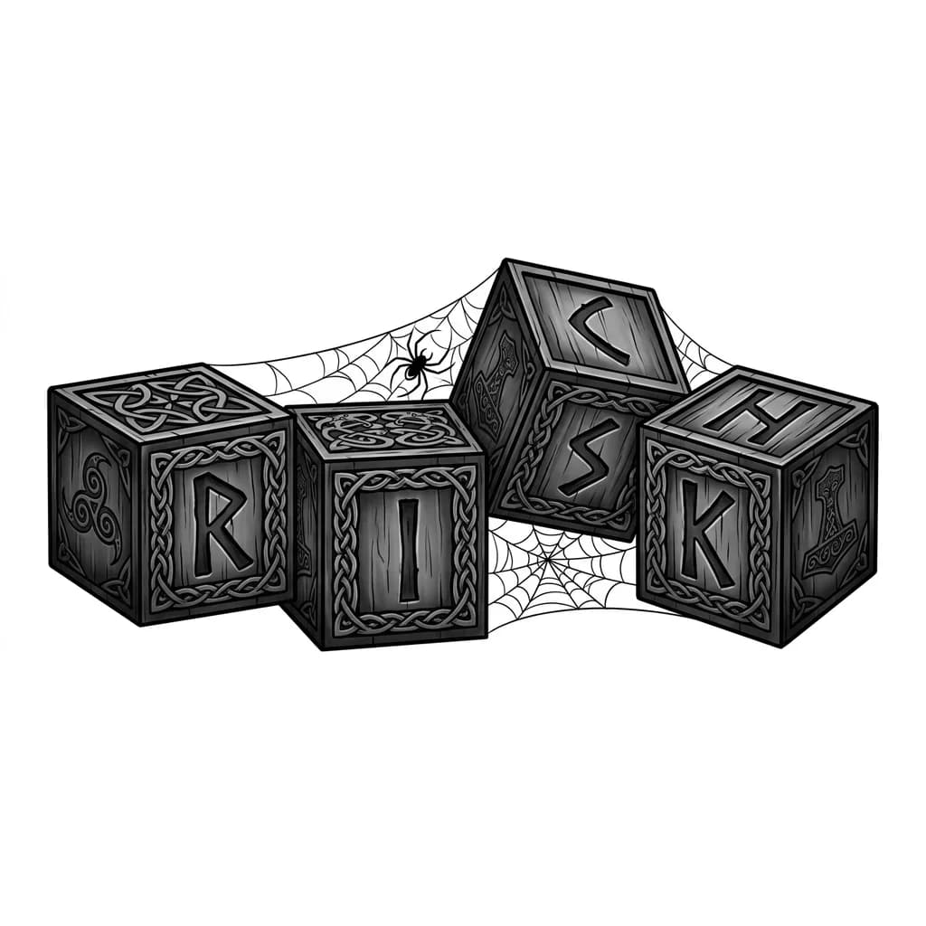 Тату эскиз: Четыре кубика из тёмного резного дерева, скандинавский стиль викингов. На первом «R», втором «I», третьем «S», четвёртом «K». Третий и четвёртый слегка наклонены, видна верхняя грань. На верхней грани третьего — «C», четвёртого — «H». Буквы вырезаны как руны, внутри тёмная патина. Кубики лежат на грубом деревянном столе. Паутина тянется через кубики. Скандинавская эмблема выгравирована на боку кубика. Тёплый приглушённый свет, атмосфера саги, стиль скандинавского фольклора, детализация, 4K.