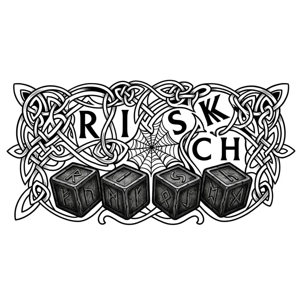 Тату эскиз: 4 кубика из тёмного состаренного камня, скандинавский стиль. Буквы R, I, S, K. Третий и четвёртый наклонены, сверху C и H. Рунная резьба, тёмная патина. Каменный алтарь. Паутина. Эмблема викингов. Тёплый приглушённый свет, атмосфера саги, 4K.