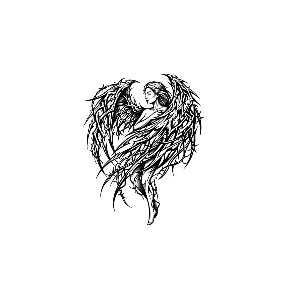 Тату эскиз: Обнажённая девушка в полный рост закрывает свое тело крыльями. Смотрит в сторону с закрытыми глазами