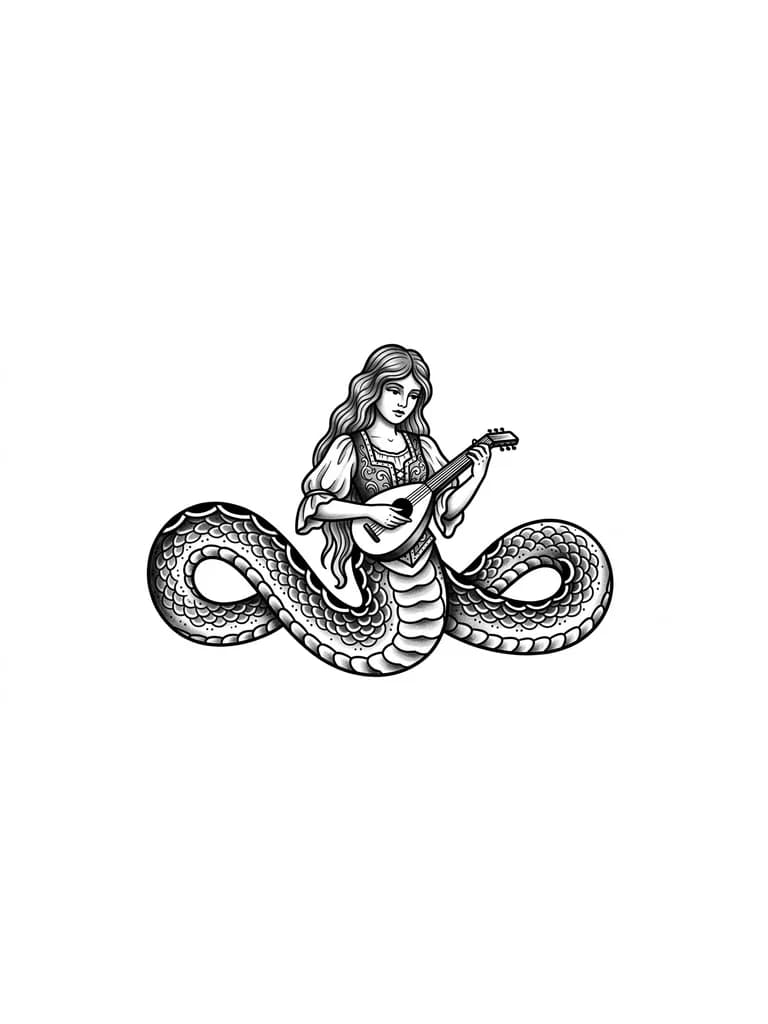 Тату эскиз: Девушка ламия, со змеиным хвостом. Длинные волосы. Красивая одежда, играет на лютне 