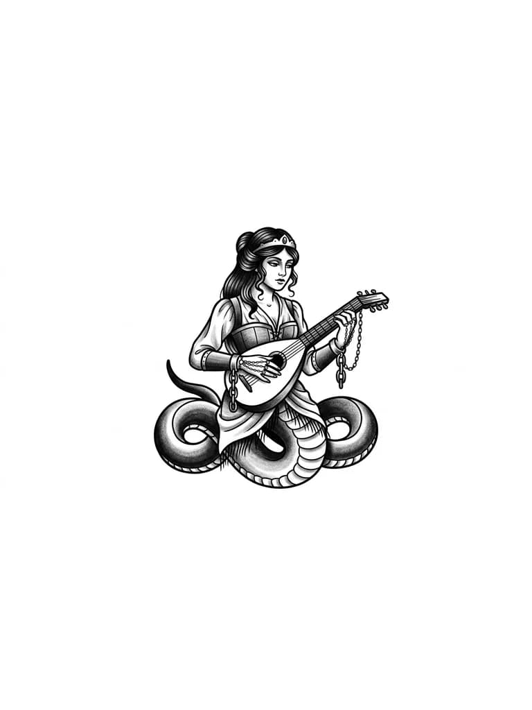 Тату эскиз: Девушка ламия, со змеиным хвостом. Длинные волосы. Красивая одежда, играет на лютне, с диадемой на голове. Цепочками от кончиков пальцев до запястья, на котором браслет. Расположение хвоста вертикальное, как-будто девушка сидит 

