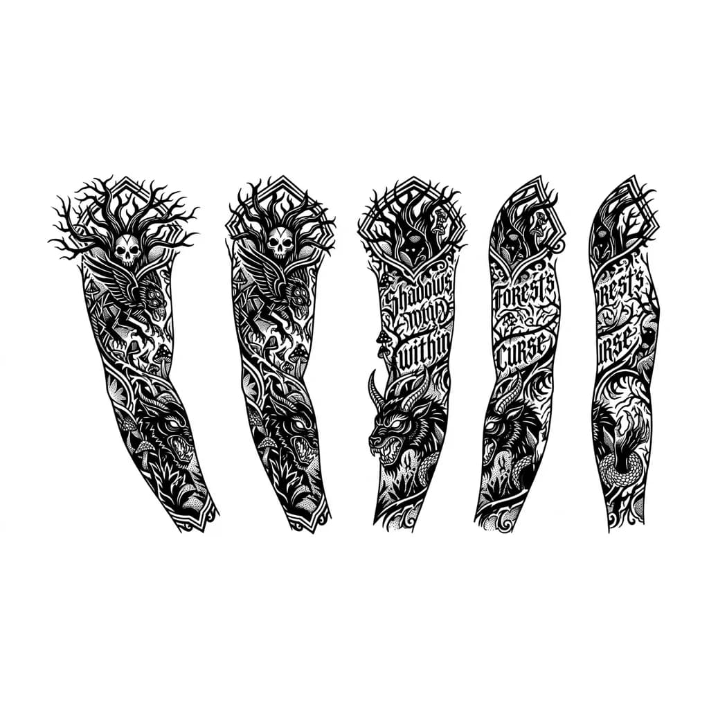 Тату эскиз: Сделай эскиз с криповым  лесными существами, леттерингом и монстрами