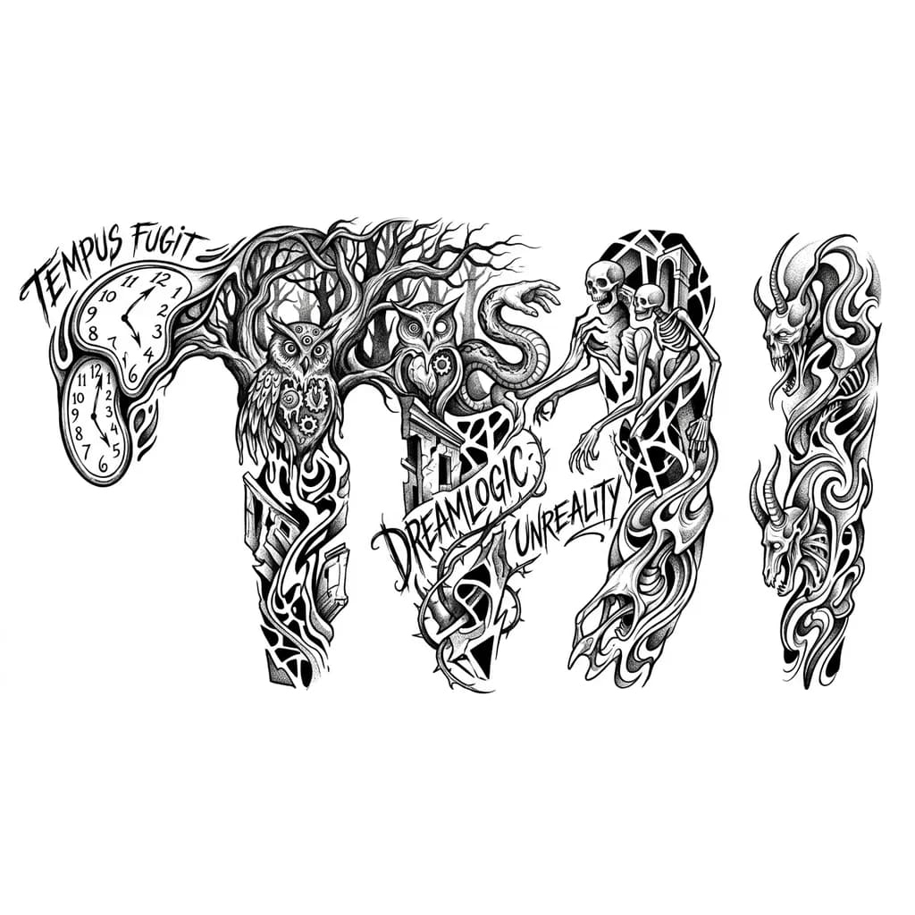 Тату эскиз: Сделай эскиз с криповым  лесными существами, леттерингом и монстрами