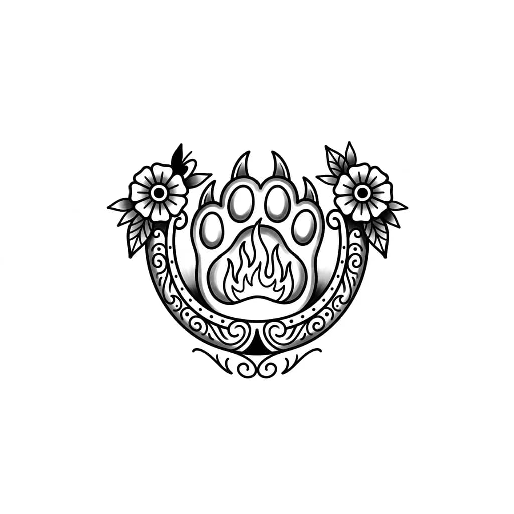 Тату эскиз: Тату лапы с огнем внутри изогнутой ручкой и два цветка по бокам 
