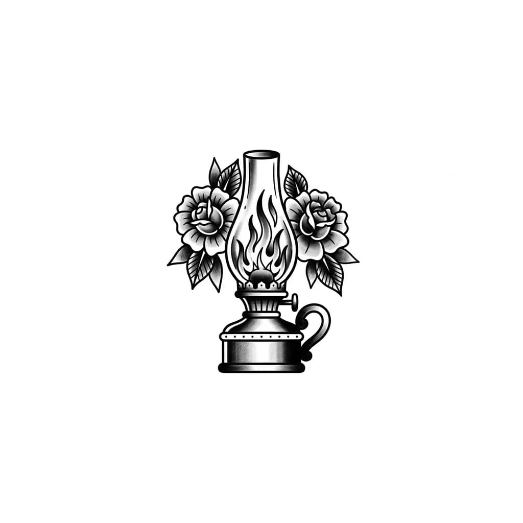 Тату эскиз: Тату ламыпы с огнем внутри изогнутой ручкой с право и два цветка по бокам асемитрично, лампа настольная старая, тату будет над коленном, 
