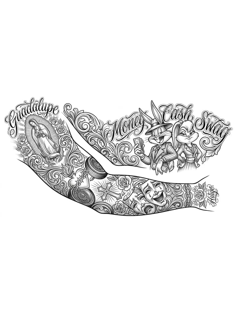 Тату эскиз: Рукав в стиле чикано с багз бани и лола