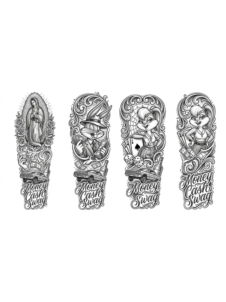Тату эскиз: Рукав с багз бани и лолой, деньги, карты, коси игральные, разврат
