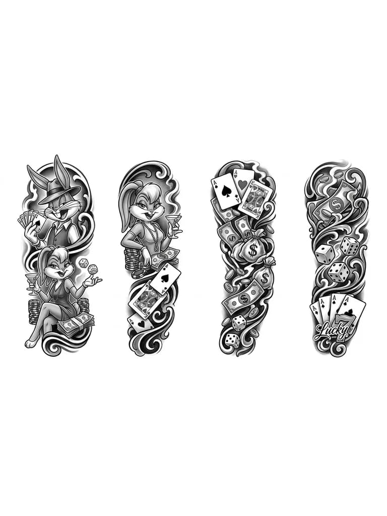 Тату эскиз: Рукав с багз бани и лолой, деньги, карты, коси игральные, разврат