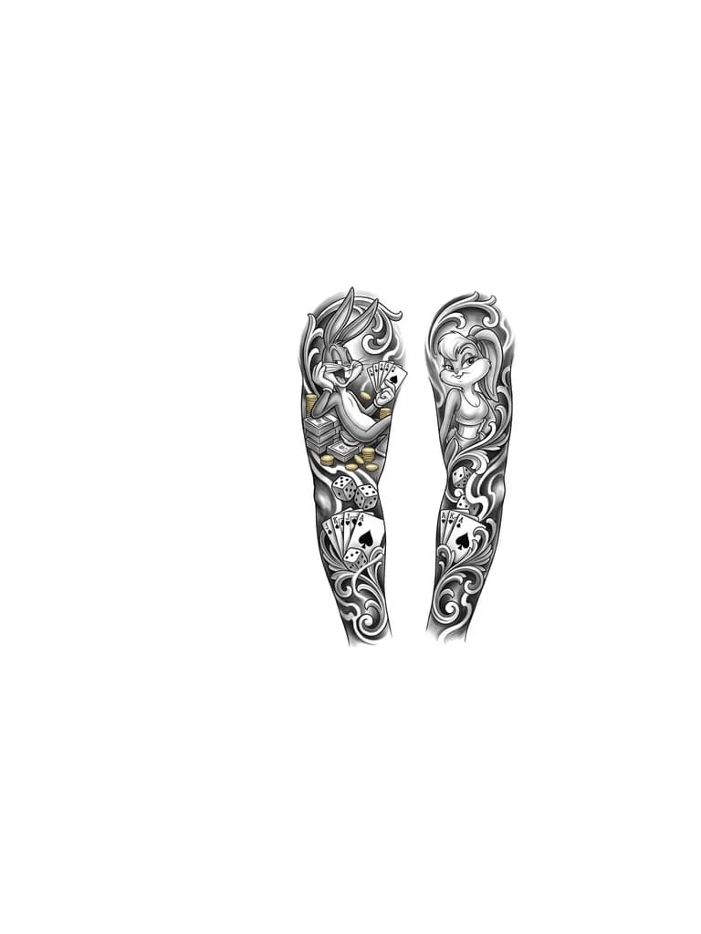 Тату эскиз: Рукав с багз бани и раздетой лолой, деньги, карты, коси игральные