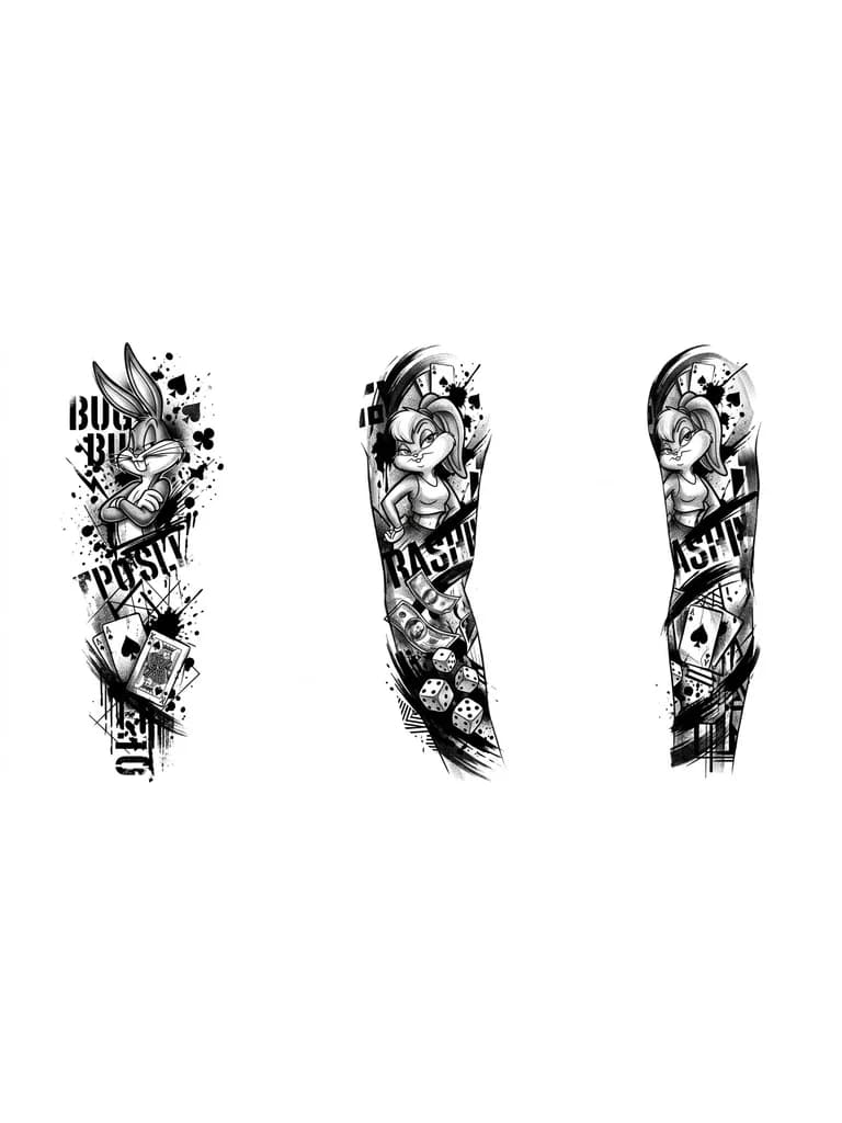 Тату эскиз: Рукав с багз бани и раздетой лолой, деньги, карты, коси игральные