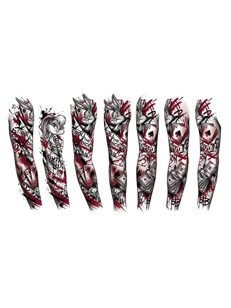 Тату эскиз: Рукав с багз бани и раздетой лолой, деньги, карты, коси игральные