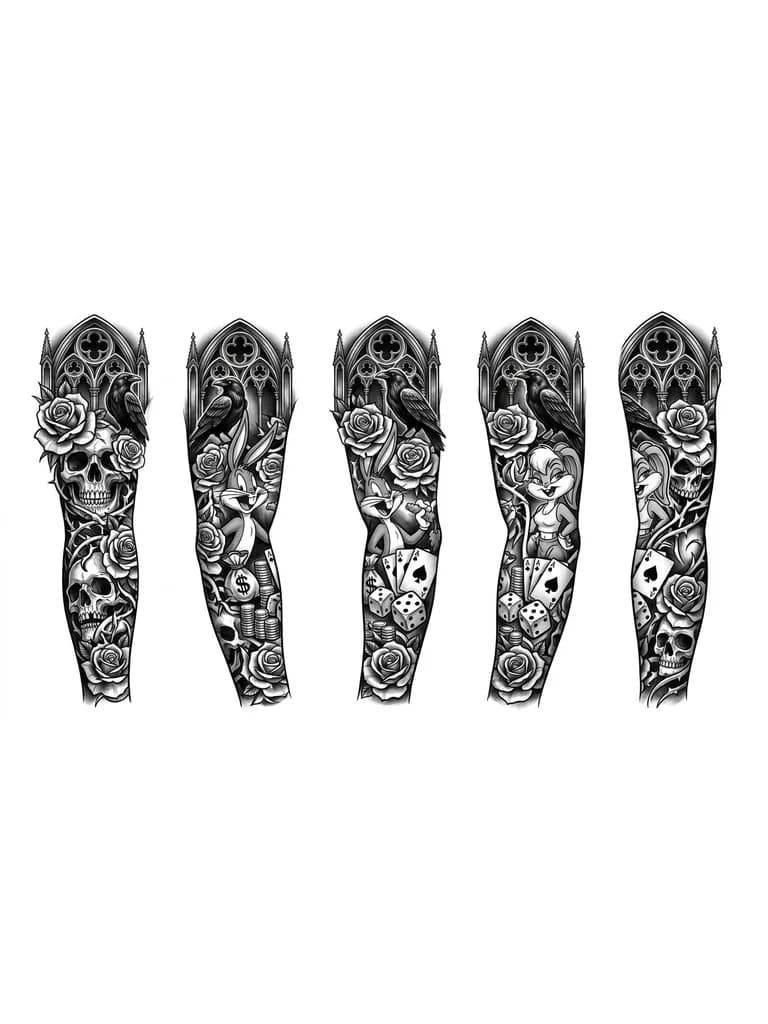 Тату эскиз: Рукав с багз бани и раздетой лолой, деньги, карты, коси игральные