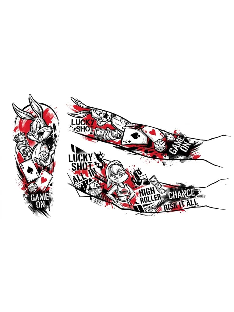 Тату эскиз: Рукав с багз бани и раздетой лолой, деньги, карты, коси игральные