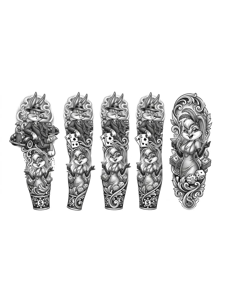 Тату эскиз: Багз бани ганстер, лола бани с большой грудью и ягодицами, деньги, карты, коси игральные