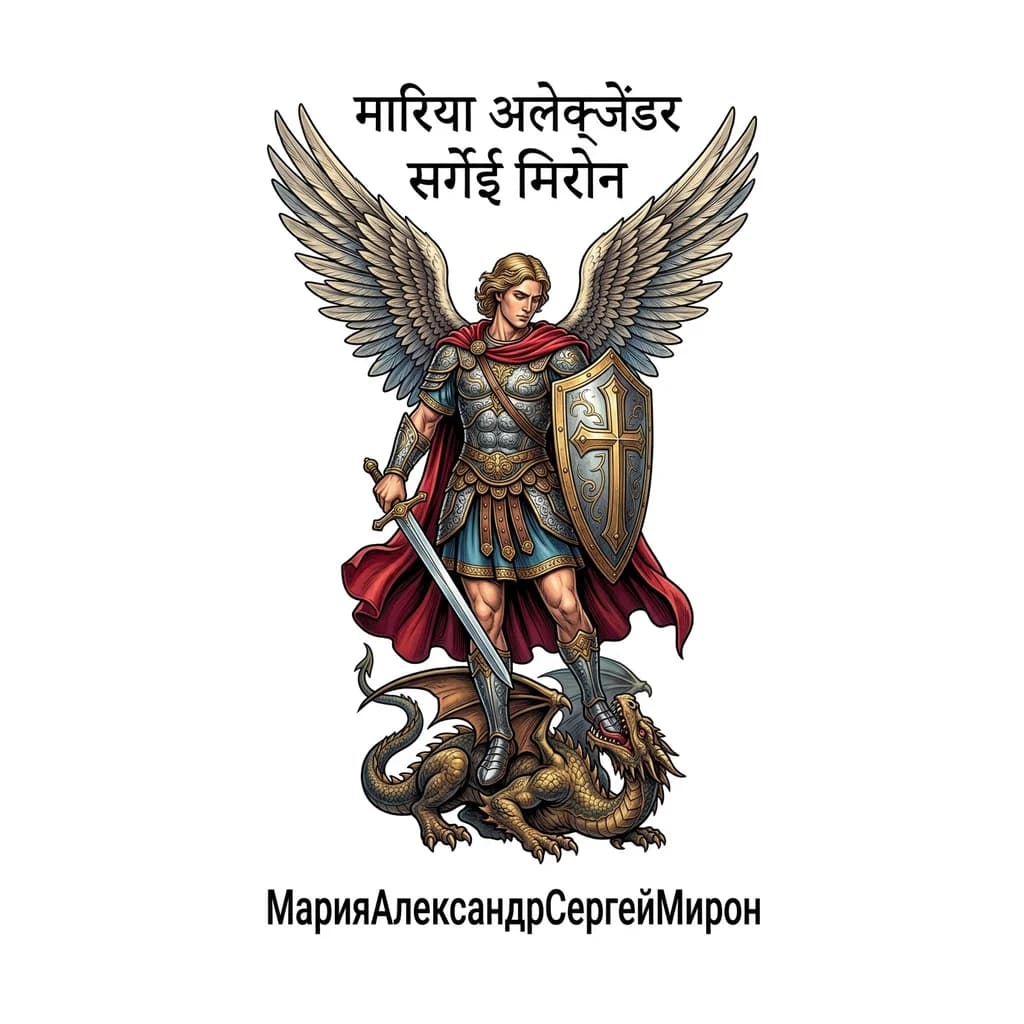 Тату эскиз: Архангел михаил в полный рост с щитом и мечём, стиль реалистичный, надпись МарияАлександрСергейМирон на хинди сверху, полностью цветное, на предплечье 