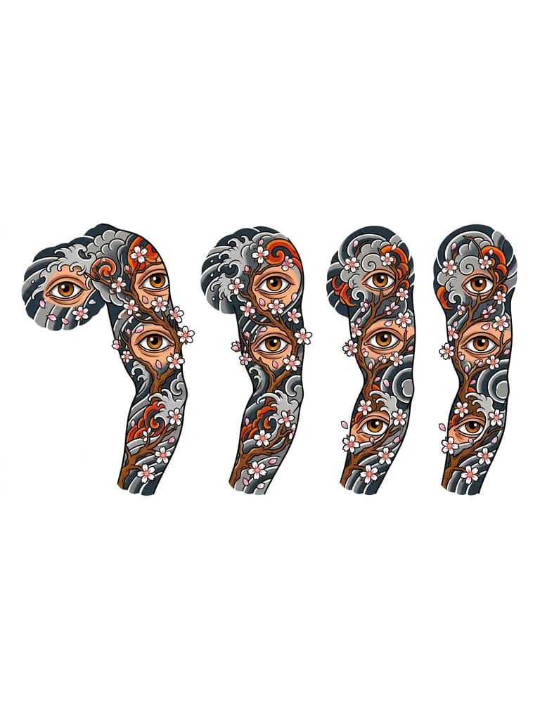 Тату эскиз: Эскиз татуировки на внешней стороне плеча и бицепса. На эскизе изображены человеческие глаза. Все глаза одного цвета.  Все чёрные линии исходного рисунка заменены на ветви цветущей сакуры коричневого цвета. Вдоль ветвей — мелкие цветы сакуры с пятью лепестками, белые и розовые. Глаза сохраняются полностью: форма, размер, зрачок, блик, чёткий контур. Глаза не перекрыты ветками и лепестками. Лепестки могут падать вокруг глаз, но не на зрачок. Стиль: графичный, японское влияние, глаза реалистичные.