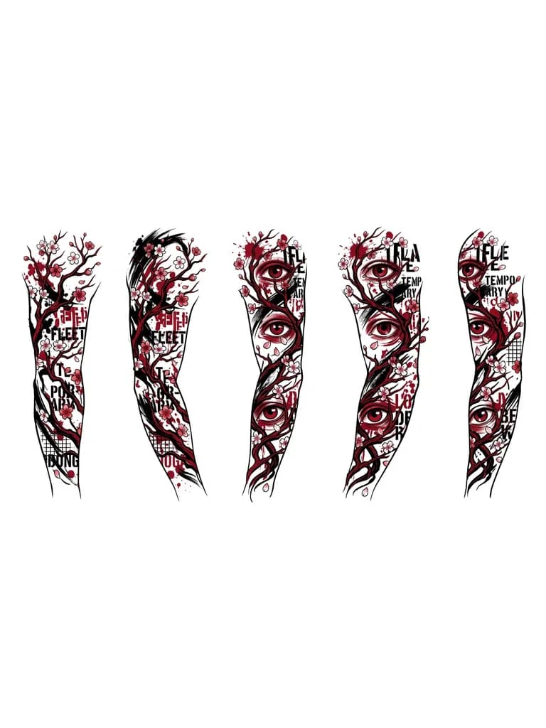 Тату эскиз: Эскиз татуировки на внешней стороне плеча и бицепса. На эскизе изображены глаза. Все глаза красного цвета.  Все линии рисунка ветви цветущей сакуры. Вдоль ветвей — мелкие цветы сакуры с пятью лепестками, белые и розовые. Глаза создаются из переплетений ветвей сакуры Глаза не перекрыты ветками и лепестками. Лепестки могут падать вокруг глаз, но не на зрачок. 