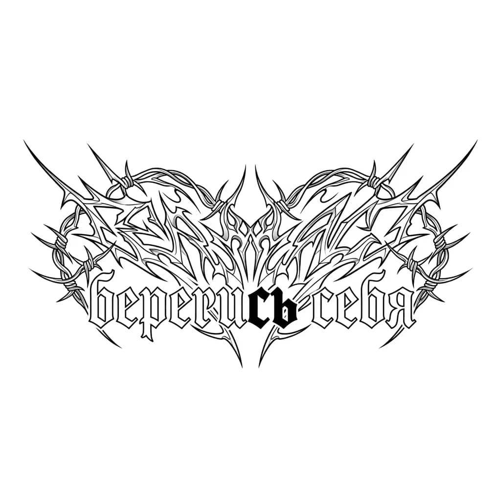 Тату эскиз: Надпись берегись себя последние две буквы первого слова полностью закрашены черным тогда как все остальные выполнены контуром. Шрифт готический