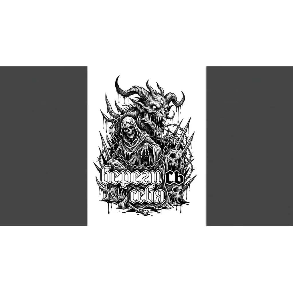 Тату эскиз: Надпись берегись себя последние две буквы первого слова полностью закрашены черным тогда как все остальные выполнены контуром. Шрифт готический. На заднем фоне надписи цепи с шипами и колючей проволокой 