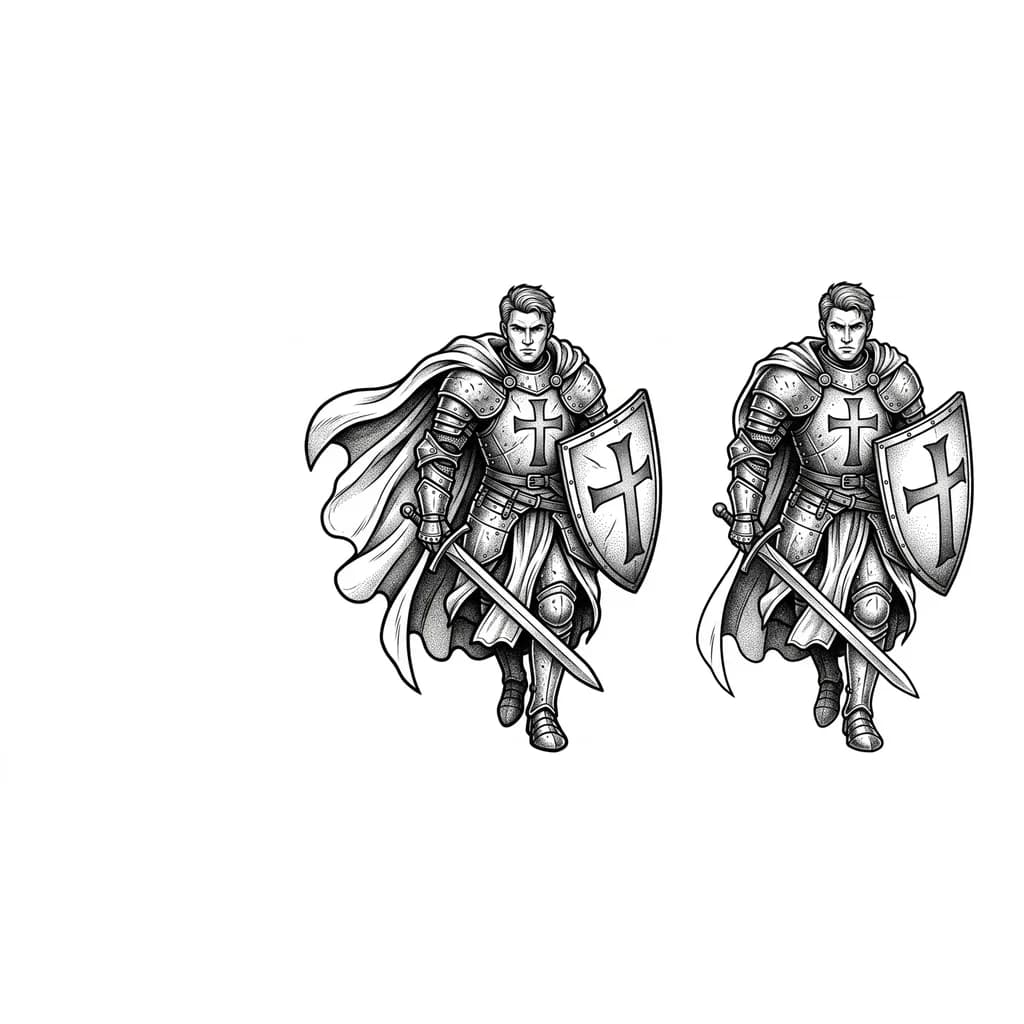 Тату эскиз: Рыцарь-крестоносец в полный рост стоит в эпичной героической позе, в одной руке держит длинный меч (остриём вверх или опущенным вниз). Он в полных стальных доспехах с крестом на груди или щите, за спиной развевается плащ. Стиль: чёрно-серый стереореализм, объёмная 3D-иллюзия, глубокие тени, контрастные блики, текстура металла. Часть тела: рука (предплечье). Детали: драматическое освещение, фон минималистичный. Без цвета, без текста, без лишних объектов.