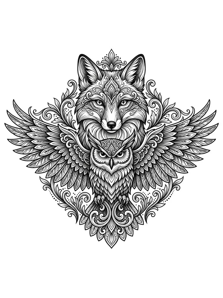 Тату эскиз: Наполовину лиса, наполовину сова