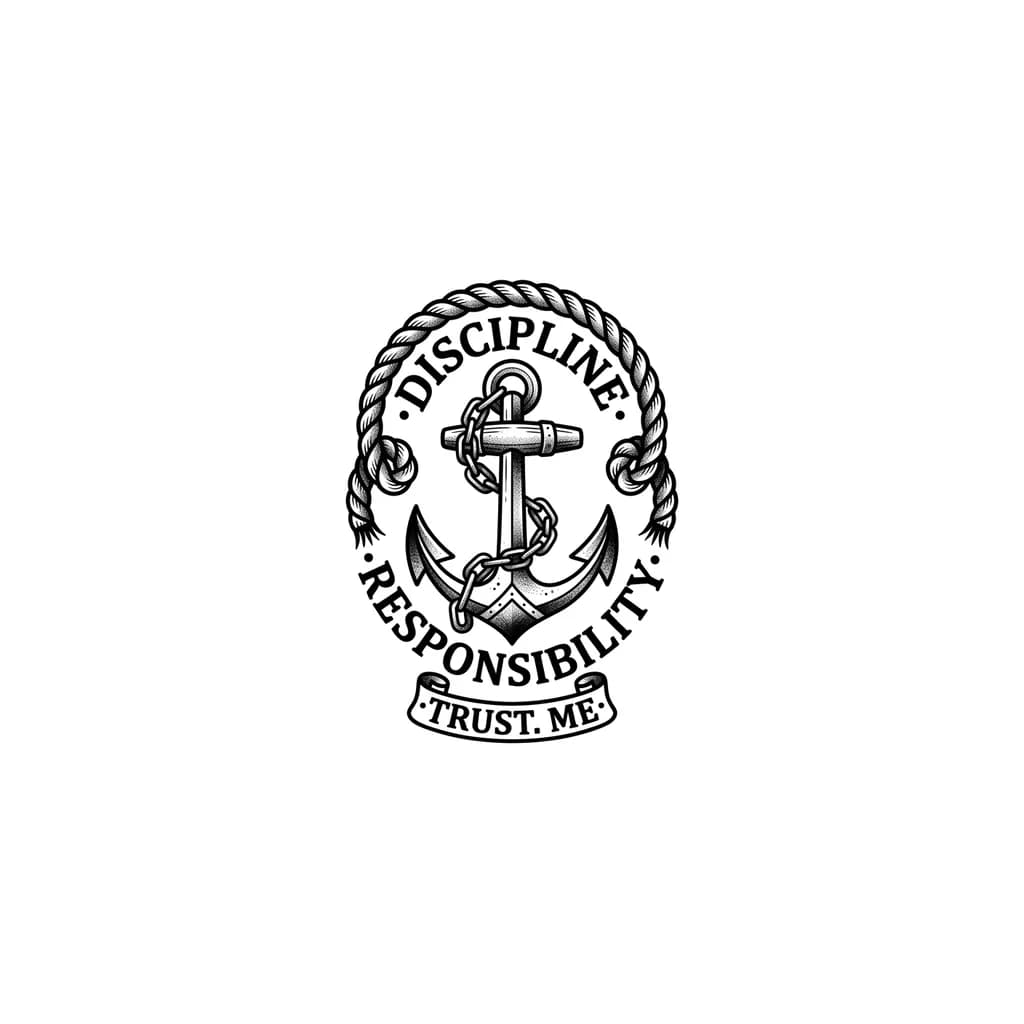 Тату эскиз: Слова Discipline. Responsibility. Trust. Me 
Расположение на локтевым суставом сзади.
Хотелось бы увидеть различные варианты композиций с учетом требований:
- татуировка должна транслировать силу, аскетизм и уверенность
- татуировка не должна быть слишком массивной, но и слишком мелкая тоже не надо
