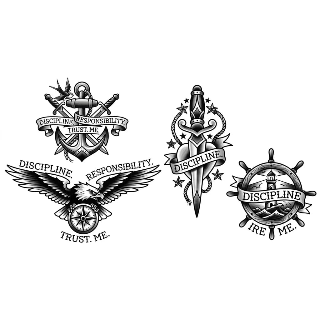 Тату эскиз: Слова Discipline. Responsibility. Trust. Me 
Расположение на локтевым суставом сзади.
Хотелось бы увидеть различные варианты композиций с учетом требований:
- татуировка должна транслировать силу, аскетизм и уверенность
- татуировка не должна быть слишком массивной, но и слишком мелкая тоже не надо
